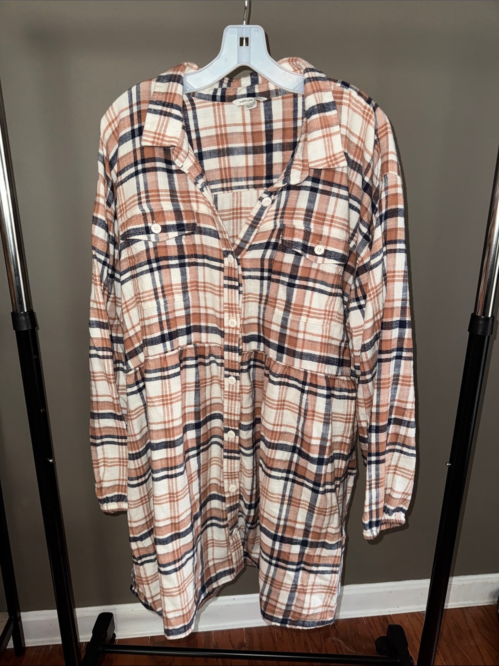 American Eagle Outfitters Long Sleeve Flannel Dress in Cream, Tan, and Navy